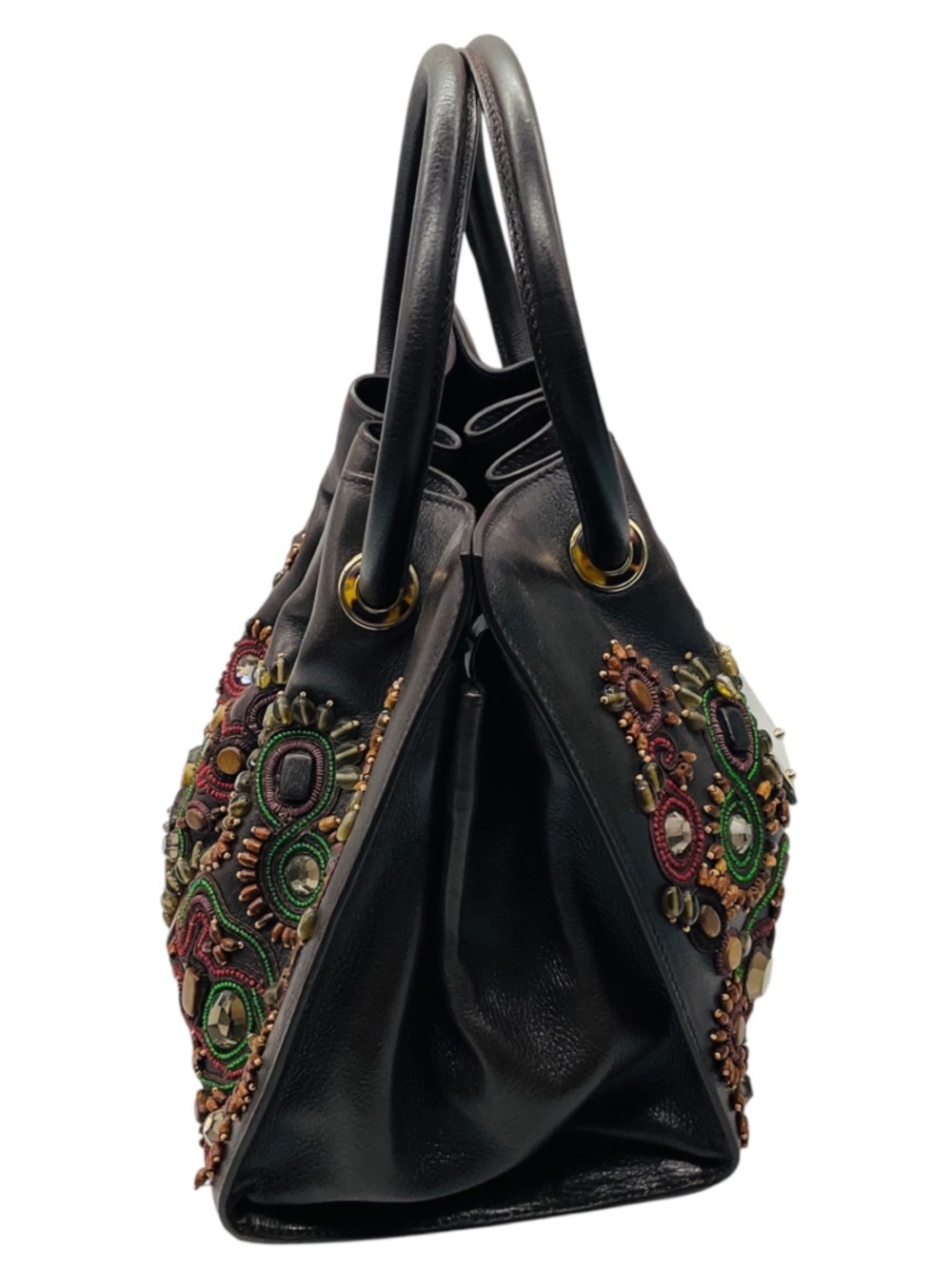 OSCAR DE LA RENTA BROWN MULTI BEADED AND STONE EMBELLISHED LEATHER HANDBAG - Picture 2 of 11